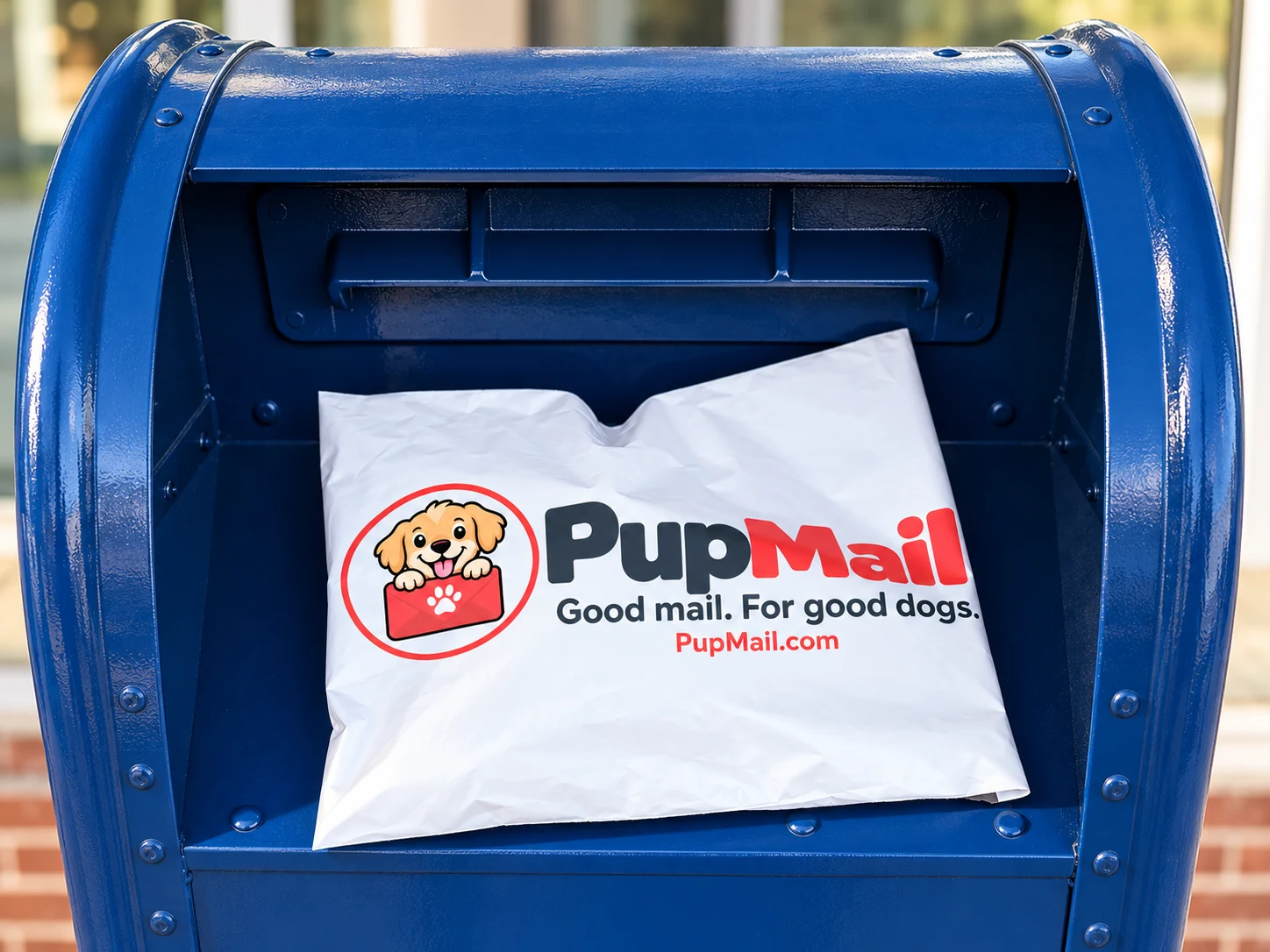 PupMail parcel inside a blue mailbox